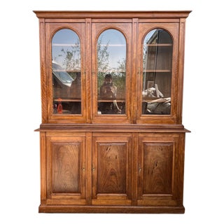 Early 20th Century Bookcase or Vitrine in Spanish Pine with Three Arch Glass Doors For Sale