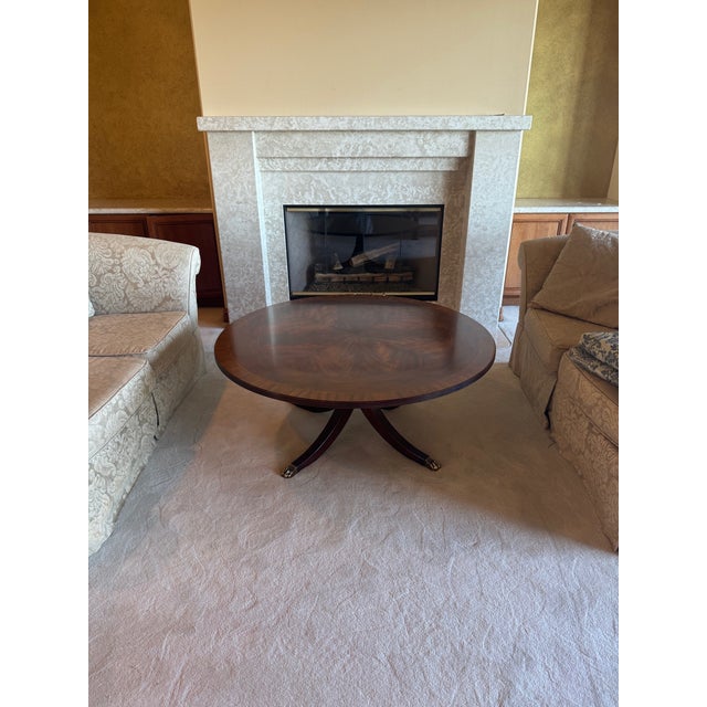 Late 20th Century Late 20th Century Henkel Harris Model 5241 Mahogany Round Coffee Table With Inlaid Marquetry & Brass Paw Feet [Cb] For Sale - Image 5 of 5