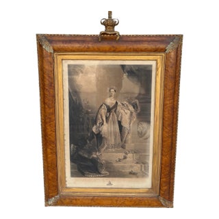 Huge Antique Queen Victoria Coronation Engraving Print in Royal Crown Frame For Sale