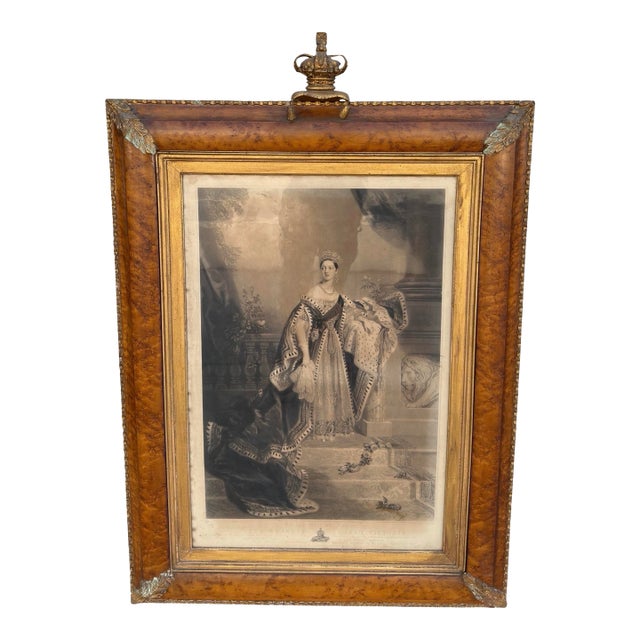 Huge Antique Queen Victoria Coronation Engraving Print in Royal Crown Frame For Sale