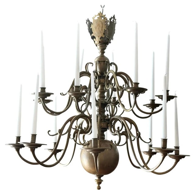 19th Century Flemish Baroque Chandelier with Ducal Shield Crown. Incredible patina remains. Each of the Sixteen Arms...