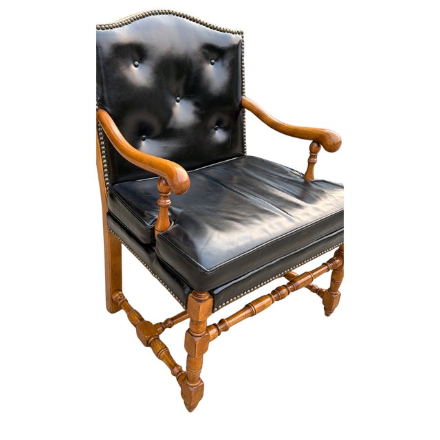 Vintage Barnard & Simonds Black Leather Armchair | 1960s American Traditional | Button-Tufted Leather & Bobbin-Turned Wood For Sale - Image 16 of 18