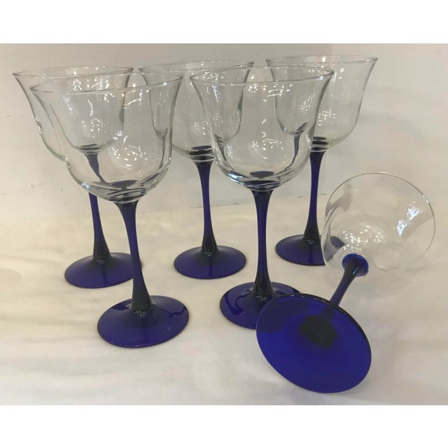 Mid-Century Modern Vintage Blue Stem Crystal Wine Glasses - Set of 6 For Sale - Image 3 of 7