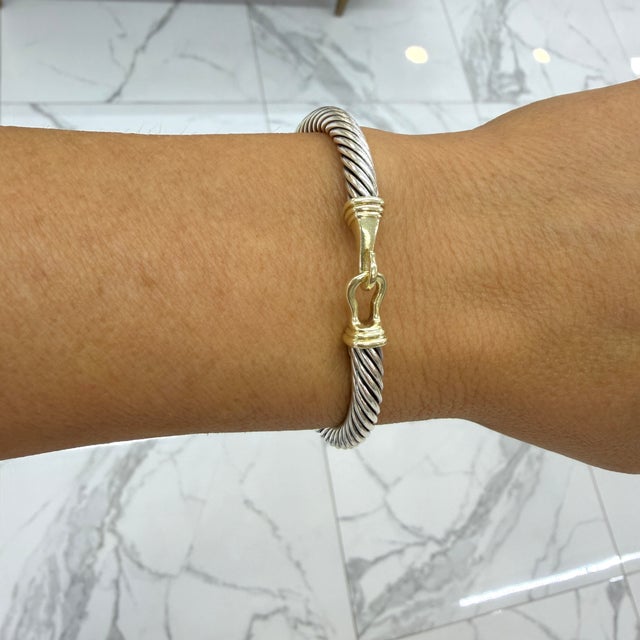 David Yurman 925 Silver 14k Yellow Gold Buckle Classic Cable Bangle Bracelet For Sale - Image 9 of 9
