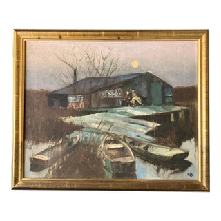 1970’s Marshy Boathouse Impressionist Painting Gilt Wood Frame For Sale