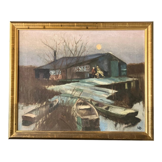 1970’s Marshy Boathouse Impressionist Painting Gilt Wood Frame For Sale