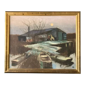 1970’s Marshy Boathouse Impressionist Painting Gilt Wood Frame