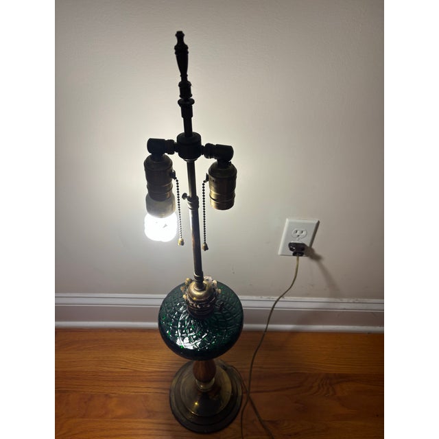 Vintage Brass and Forest Green Glass Dual-Socket Banquet Lamp For Sale - Image 10 of 10