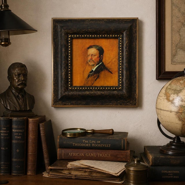 A richly colored portrait of Theodore Roosevelt, reproduced after the circa 1909 work by Polish portrait artist Tade...