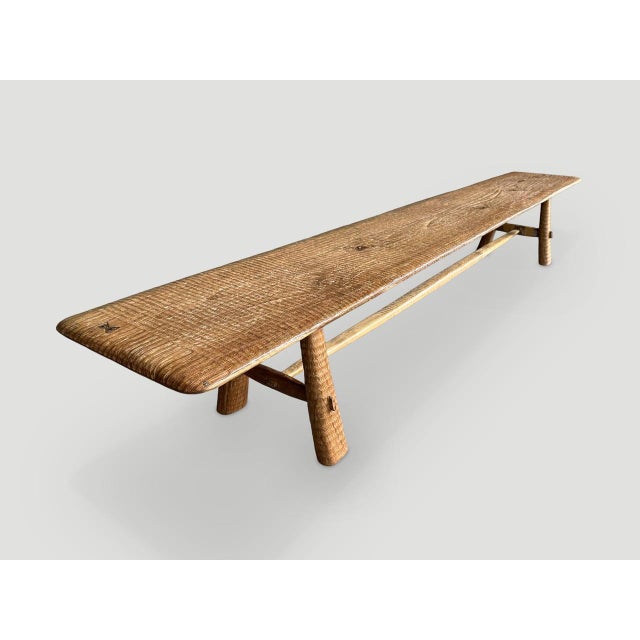 Andrianna Shamaris Impressive Minimalist Carved Long Teak Wood Bench For Sale - Image 16 of 18