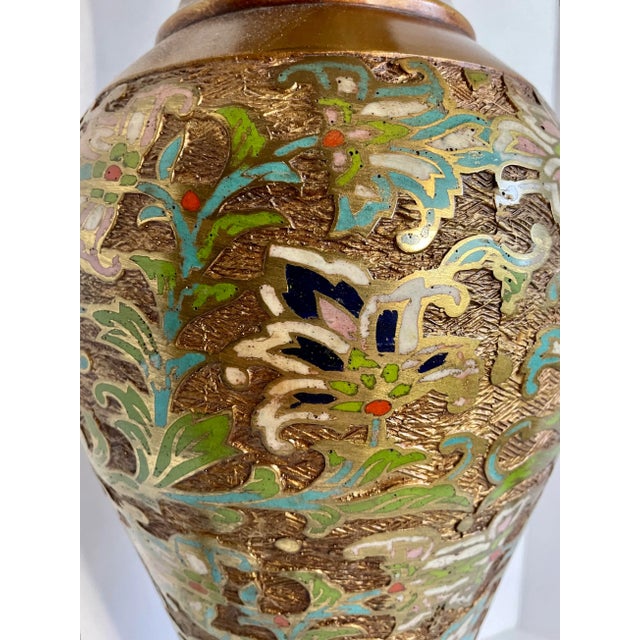 The Marbro Lamp Company Mid 20th Century Asian Champleve Cloissone Tall Brass Lamp Made by Marbro For Sale - Image 4 of 13