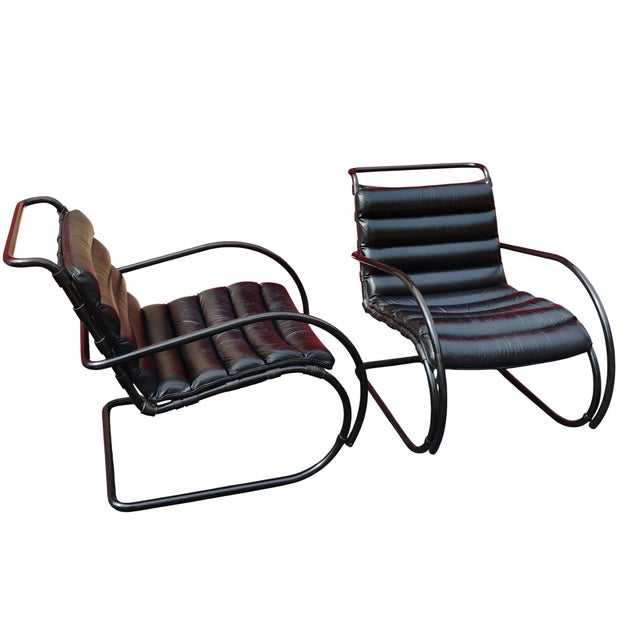 1970s Pair of Black Leather and Steel Cantilever Armchairs For Sale - Image 10 of 12