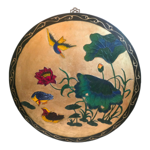 Hand‑Painted Kingfisher & Lotus Gold Leaf Lacquer Panel — 30″ Round