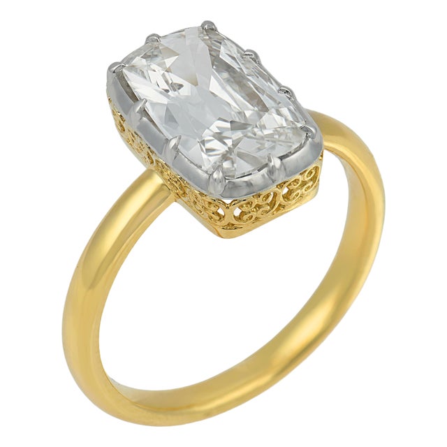Mid 20th Century Gia 1.81 Carat Elongated Old Mine Cut Diamond 18k Yellow Gold Engagement Ring, Size 6.25 For Sale