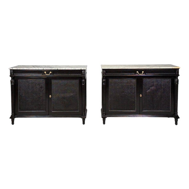 Hollywood Regency Style, Buffets, Black Painted Wood, Marble, France, 1940s For Sale