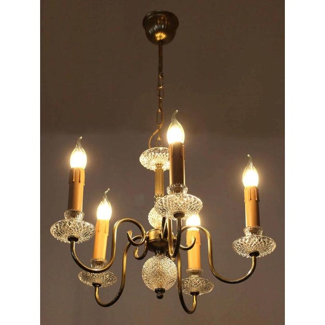 Vintage Five-Arm Chandelier in Brass and Glass For Sale - Image 4 of 5