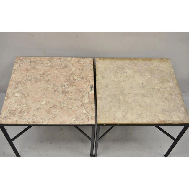 Mid Century Modern Paul McCobb Style Wrought Iron Marble Square Side Table Pair For Sale In Philadelphia - Image 6 of 12