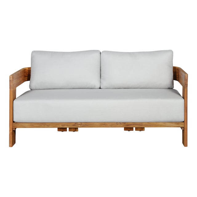 Paradiso Outdoor Solid Teak Wood Love Seat - Light Gray Fabric For Sale
