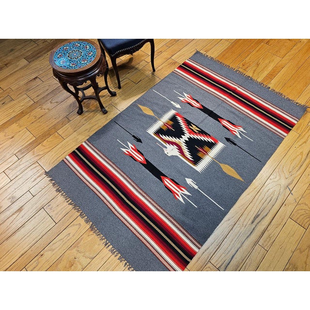 Vintage American Southwestern Kilim Rug, Handwoven Wool, Mythical Bird Pattern, Pale Blue & Ivory, 4x7 For Sale - Image 11 of 11