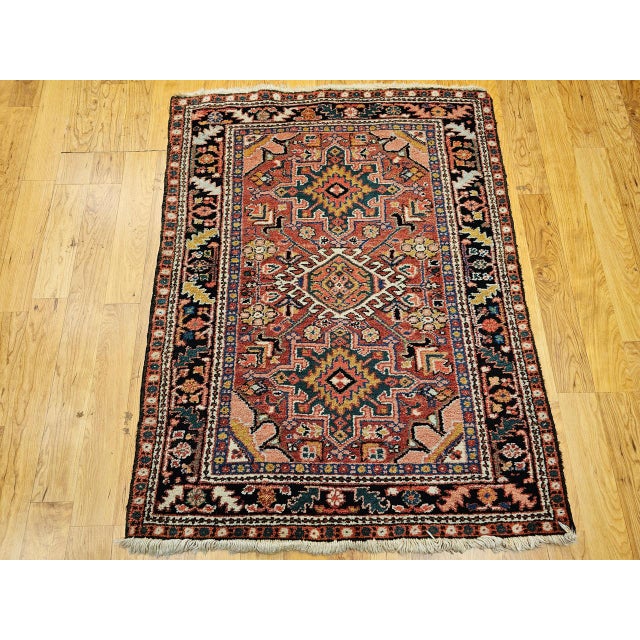 Vintage Persian Heriz Karajah Rug, Hand-Knotted Wool, Geometric Pattern, Rust-Red & Navy, 4x5 For Sale - Image 10 of 18