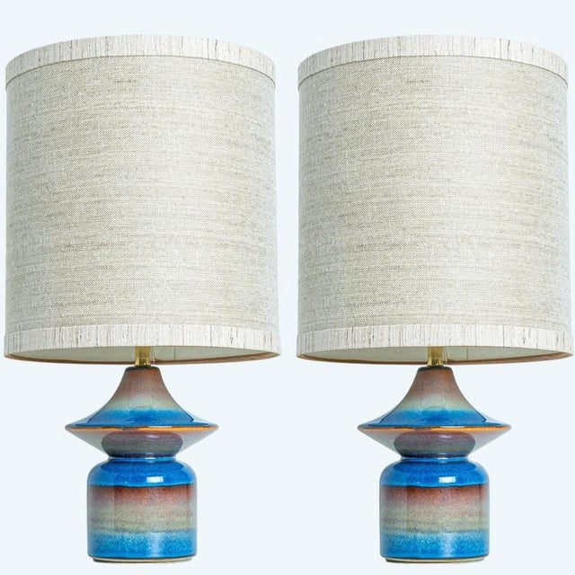 Pair of beautiful ceramic table lamp by soholm, denmark 1960s. Combined with a custom made silk lampshade by r. Houben....