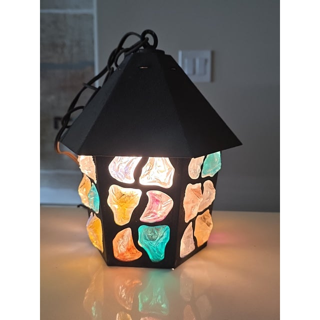 Arts & Crafts 1950s English Arts & Crafts Glass, Lead & Hammered Sheet Metal Porch Lantern by Peter Marsh For Sale - Image 3 of 5
