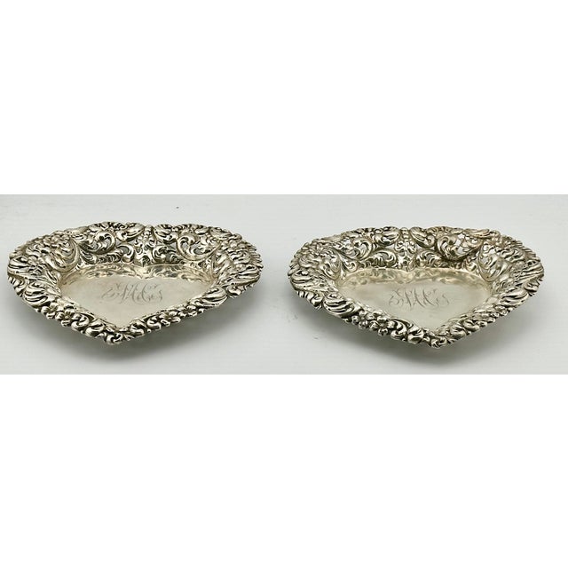 Late 19th Century Beautiful Original Matched Pair of Fancy Antique American Victorian Sterling Silver Heart Shape Bon Bon Serving Dishes For Sale - Image 12 of 18