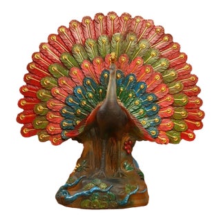 Colored Glaze Figure of a Peacock in Full Display For Sale