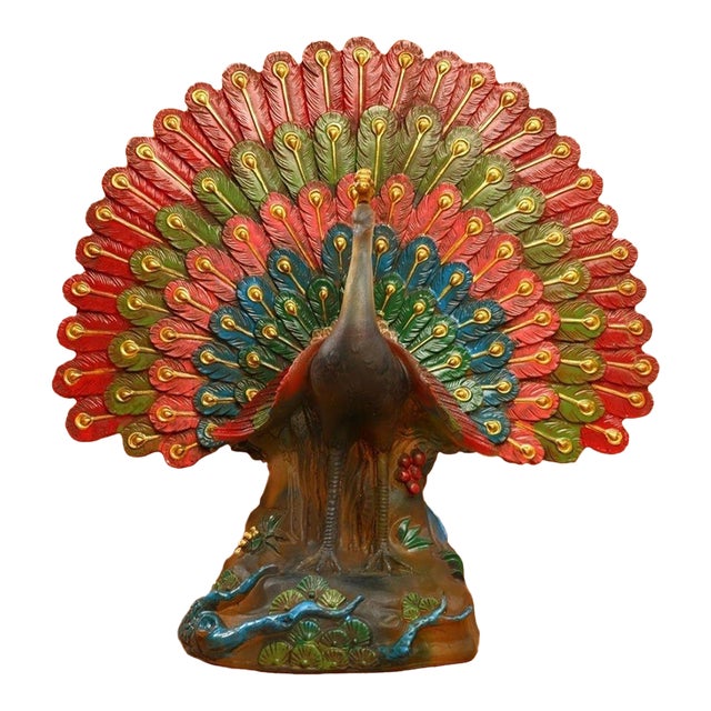 Colored Glaze Figure of a Peacock in Full Display For Sale