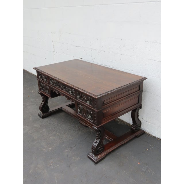 Victorian Late 1800s Victorian Large Heavy Hand Carved Cherub Partner Desk 6656 For Sale - Image 3 of 17