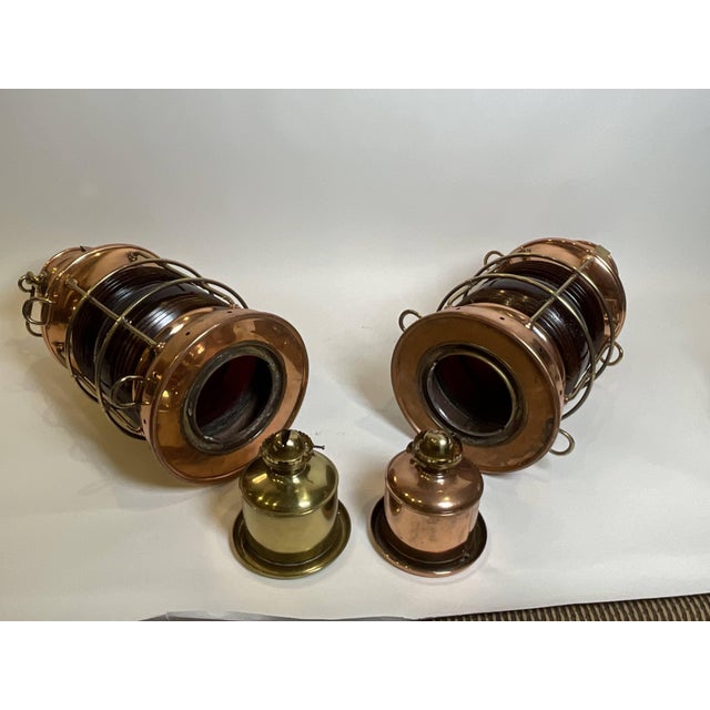 Pair of solid copper ships lanterns by Perkins Marine of Brooklyn New York, "Perko". Rarely found copper cases with brass...