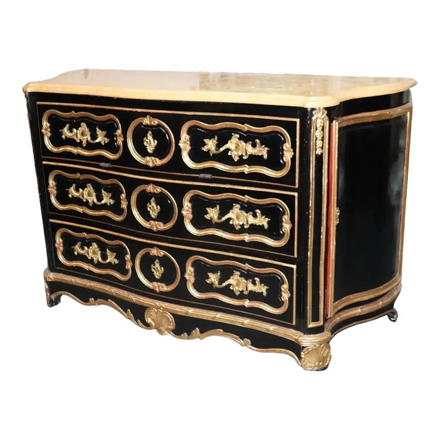 Huge Gilded Ebonized Period French Louis XV Marble Top Butlers Desk Commode For Sale
