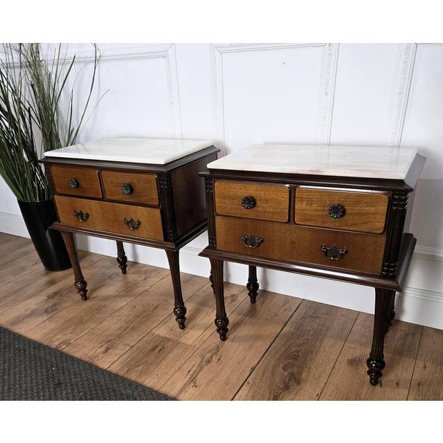 Gold Mid-Century Italian Art Deco Style Wood Bedside Tables with Marble Tops, 1950s, Set of 2 For Sale - Image 8 of 11