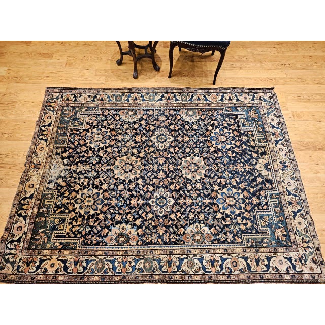 Vintage Persian Malayer Area Rug, Hand-Knotted Wool, Geometric Pattern, 5x7, Navy & Ivory For Sale - Image 12 of 18