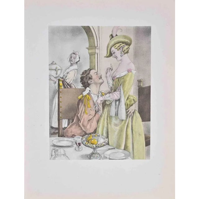 Lovers lunch is a color lithograph on ivory paper, created by the Italian artist Umberto Brunelleschi (Montemurlo 1879-...