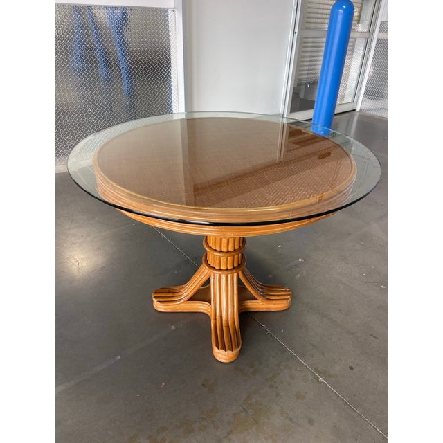 Late 20th Century Faux Bamboo Rattan Pedestal Dining Table With Glass Top For Sale - Image 5 of 12