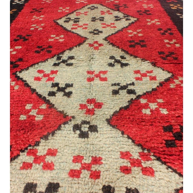 Textile Vintage Turkish Tulu Rug With Bold Crimson Field and Cream Diamond Medallions For Sale - Image 7 of 13