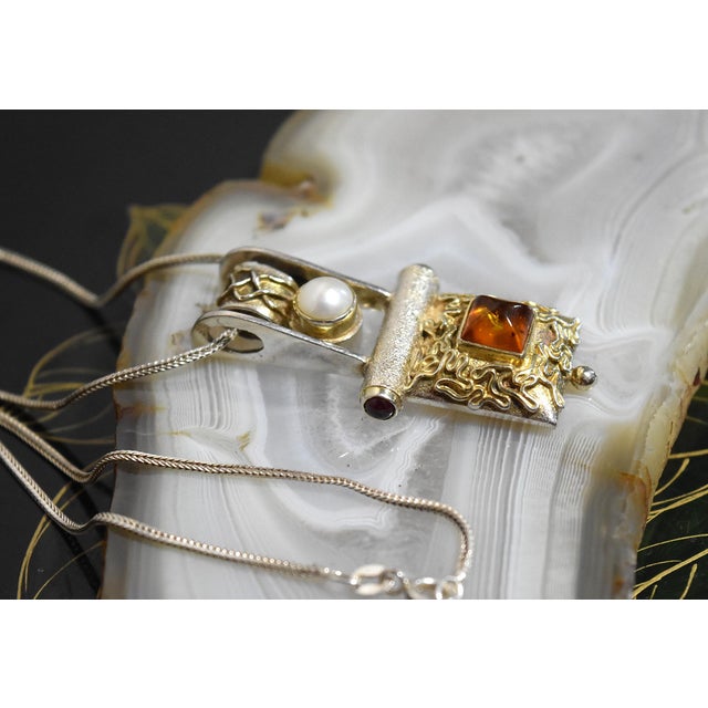 Late 20th Century Late 20th Century Artisan Sterling Silver Amber Pearl Pendant Necklace For Sale - Image 5 of 14