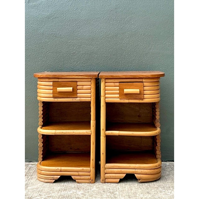 Wood Vintage Stacked Rattan Nightstands After Frankl For Sale - Image 7 of 18