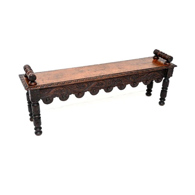 Antique Victorian Carved Oak Bench, 1870s For Sale - Image 12 of 12