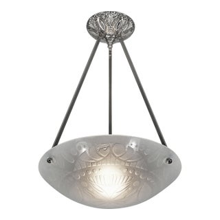 French Art Deco 3-Armed Pendant Light by Jany 1930s - Geometric Acid-Etched Glass For Sale
