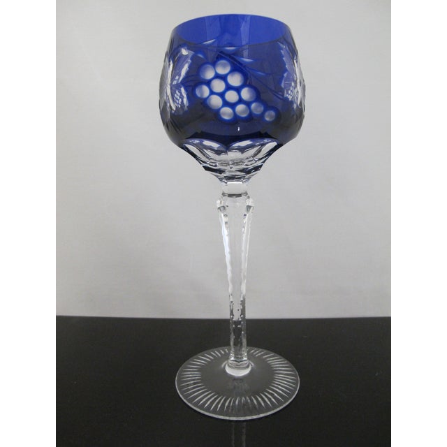 Bohemian Cobalt Blue & Red Grape Cut Crystal 8 1/2" Hock Wine Glass Pair For Sale - Image 4 of 15