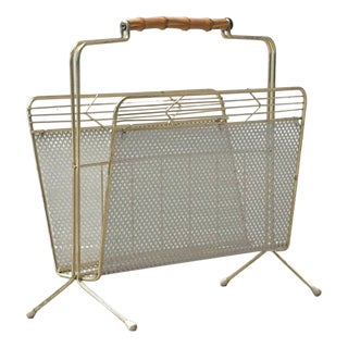 Vintage Metal Newspaper Holder with Wooden Handle, 1950s For Sale