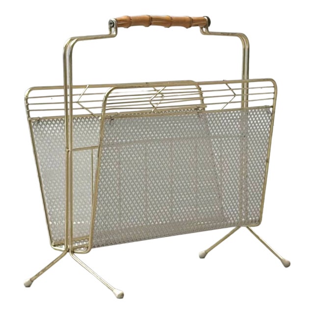 Vintage Metal Newspaper Holder with Wooden Handle, 1950s For Sale