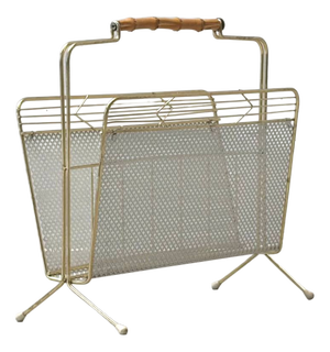 Vintage Metal Newspaper Holder with Wooden Handle, 1950s
