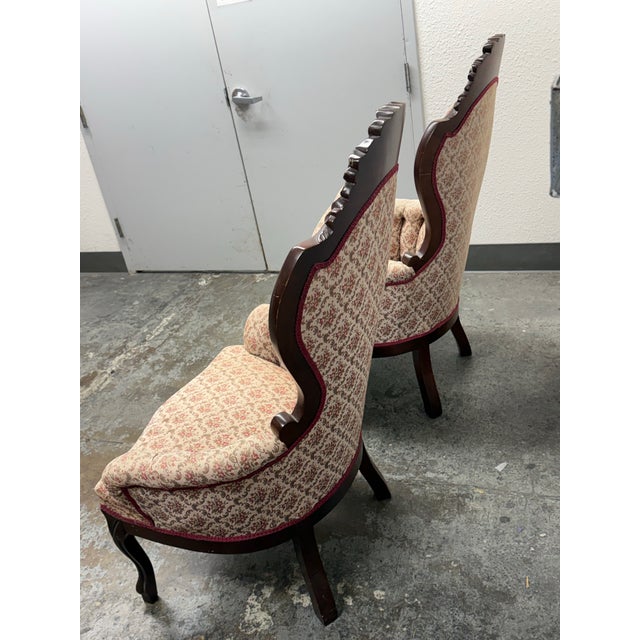 American Furniture Galleries Victorian Rococo Revival Gentleman’s + Lady’s Parlor Chairs, 1970s For Sale - Image 9 of 13