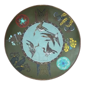 Antique Japanese Cloisonne Flying Geese Enamel Plate Goto School
