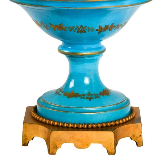 Monumental French Sèvres Style Turquoise Porcelain Urn With Ormolu Mounts For Sale - Image 9 of 12