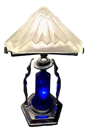 1980s Frankart Era Art Deco Style Chrome & Cobalt Figural Lamp With Vivian Glass Shade
