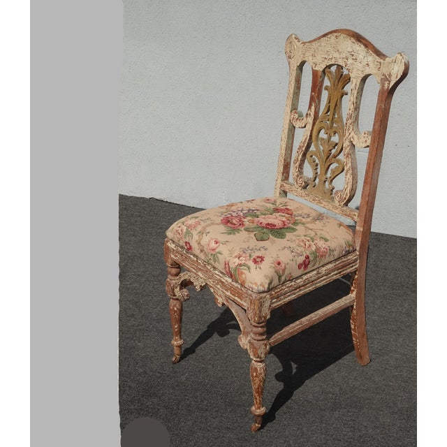 French Country Antique French Country Unique Crackle Chair W Floral Fabric Front Caster Wheels For Sale - Image 3 of 15